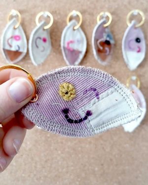 Voorkant van een handgemaakte sleutelhanger van hergebruikte stoffen. De sleutelhanger heeft een zachte textiele afwerking en maakt deel uit van de serie Knipoogjes. De voorkant is gemaakt van roze ribstof met een klein puntje egale roze katoen. Hierop is een knipoog gezicht geborduurd met diverse kleurtjes. Dit is knipoog nummer 6.